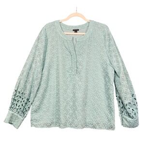 Ann Taylor XXL Mint Green Eyelet Embroidered Split Neck Long Sleeve Blouse Top